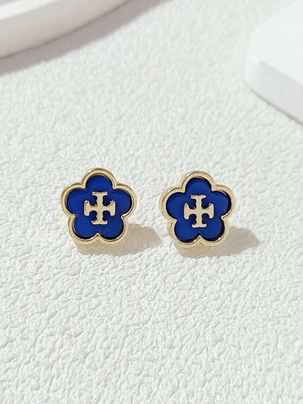 New designer inspired Gold-Tone Blue Enamel Logo Flower Studs